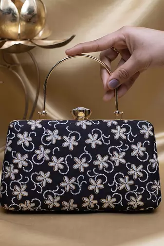  black based white floral embroidery clutch