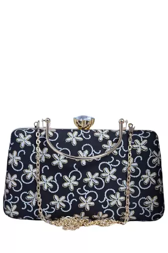  black based white floral embroidery clutch