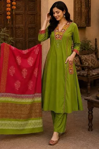 Green cotton hand embroidery kurta set with dupatta for women