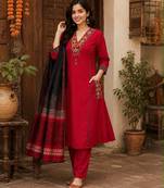 Red cotton hand embroidery kurta set with dupatta for women