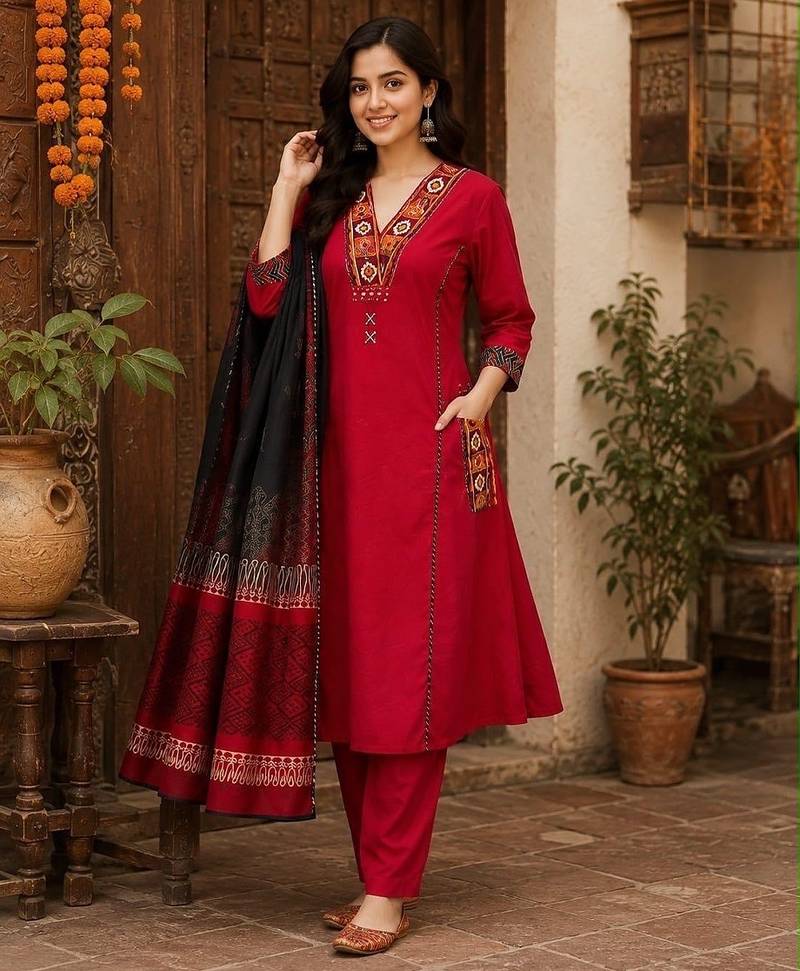 Red cotton hand embroidery kurta set with dupatta for women
