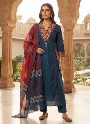 Blue cotton hand embroidery kurta set with dupatta for women 1