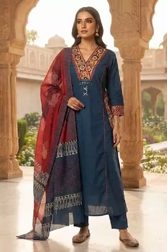 Blue cotton hand embroidery kurta set with dupatta for women