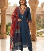 Blue cotton hand embroidery kurta set with dupatta for women