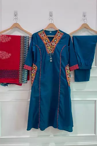 Blue cotton hand embroidery kurta set with dupatta for women