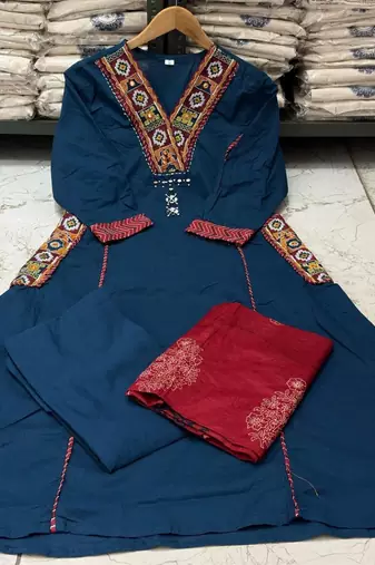 Blue cotton hand embroidery kurta set with dupatta for women