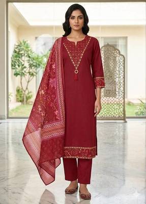 Red cotton floral print kurta set with dupatta for women 1