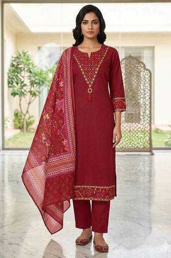 Red cotton floral print kurta set with dupatta for women
