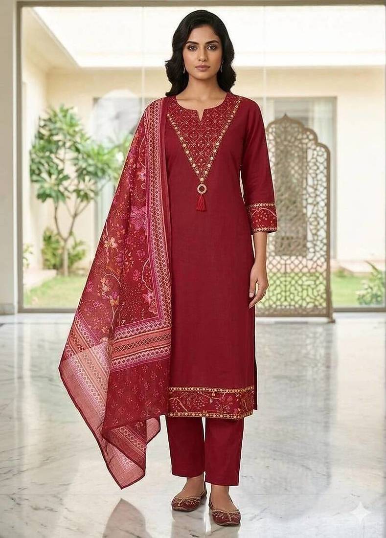 Red cotton floral print kurta set with dupatta for women