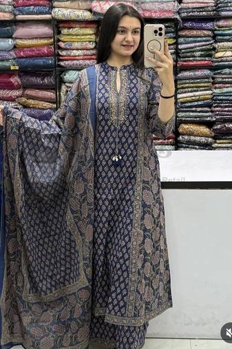 Blue cotton floral print kurta set with dupatta for women