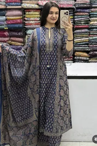 Blue cotton floral print kurta set with dupatta for women