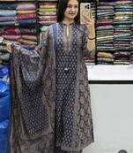 Blue cotton floral print kurta set with dupatta for women