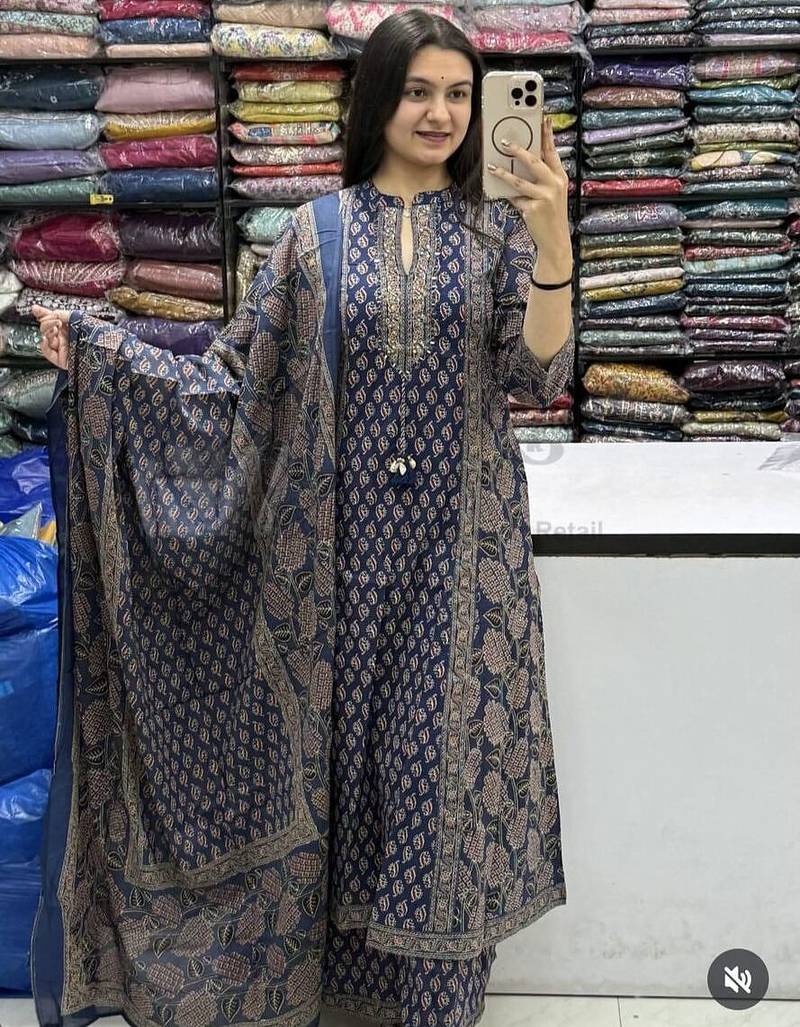 Blue cotton floral print kurta set with dupatta for women