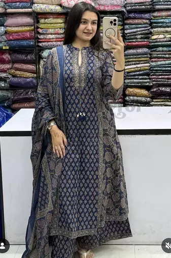 Blue cotton floral print kurta set with dupatta for women