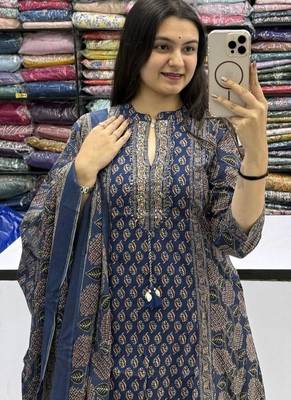 Blue cotton floral print kurta set with dupatta for women 3