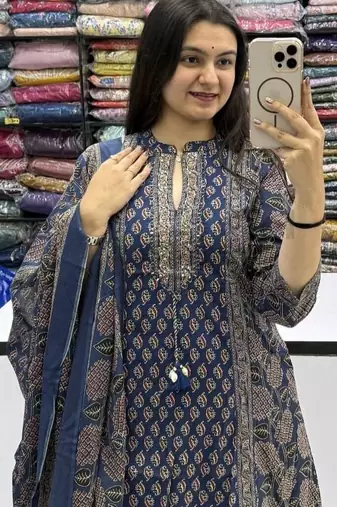 Blue cotton floral print kurta set with dupatta for women