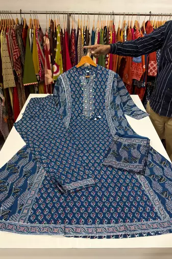 Blue cotton floral print kurta set with dupatta for women