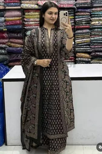 Black cotton floral print kurta set with dupatta for women