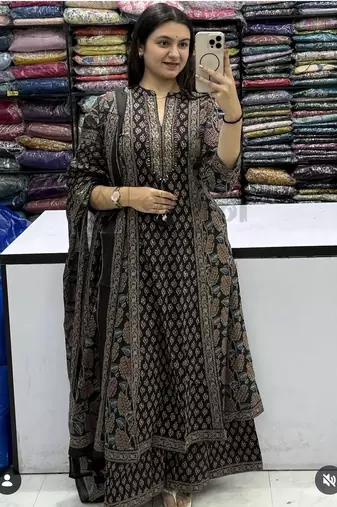 Black cotton floral print kurta set with dupatta for women