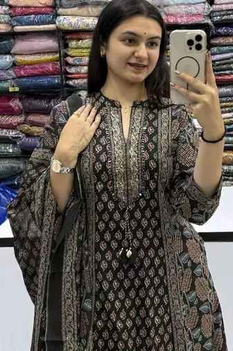Black cotton floral print kurta set with dupatta for women