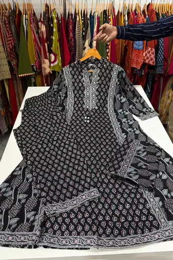 Black cotton floral print kurta set with dupatta for women