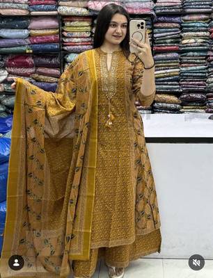 Yellow cotton floral print kurta set with dupatta for women 1