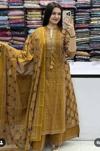 Yellow cotton floral print kurta set with dupatta for women