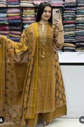 Yellow cotton floral print kurta set with dupatta for women