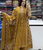 Yellow cotton floral print kurta set with dupatta for women