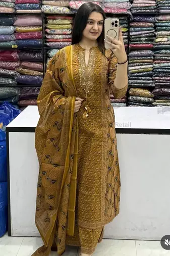 Yellow cotton floral print kurta set with dupatta for women