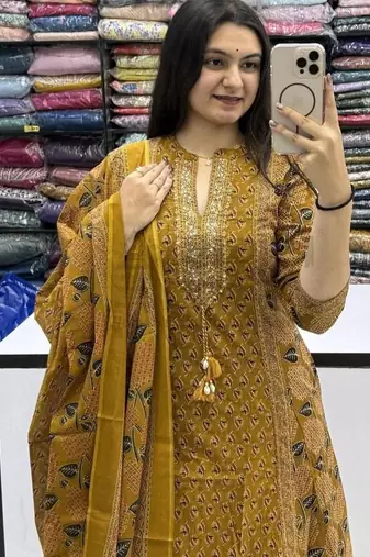 Yellow cotton floral print kurta set with dupatta for women