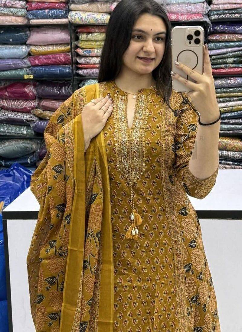 Yellow cotton floral print kurta set with dupatta for women