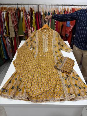 Yellow cotton floral print kurta set with dupatta for women 4