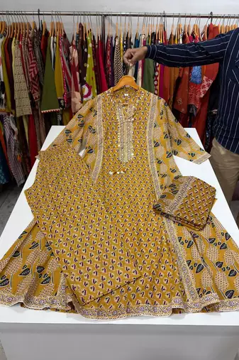 Yellow cotton floral print kurta set with dupatta for women