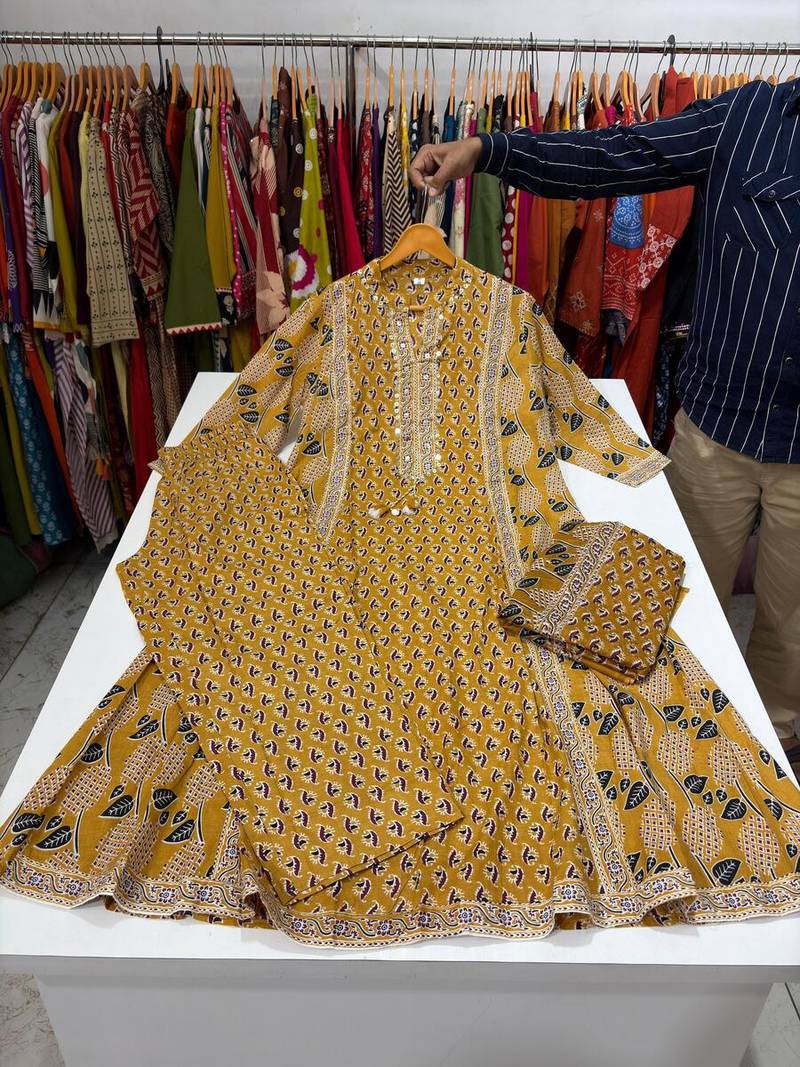 Yellow cotton floral print kurta set with dupatta for women
