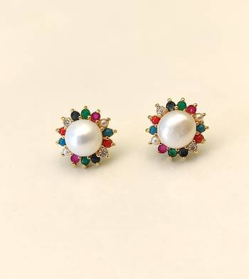 Certified natural freshwater pearls jewellery navratna style, cz accents, festive wear, stud closure, women's jewellery. 4