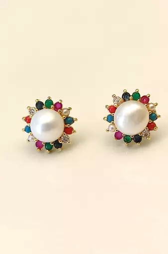 Certified natural freshwater pearls jewellery navratna style, cz accents, festive wear, stud closure, women's jewellery.