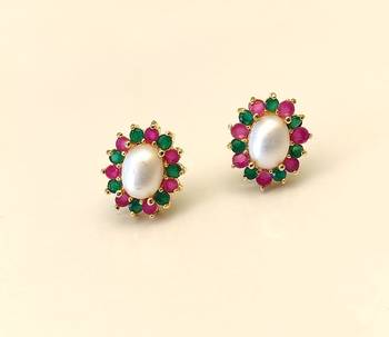 Certified natural freshwater pearls jewellery pearl stud earrings with ruby and emerald stones, gold tone oval pearl. 5