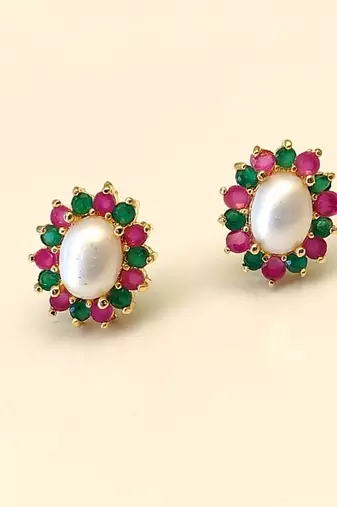 Certified natural freshwater pearls jewellery pearl stud earrings with ruby and emerald stones, gold tone oval pearl.