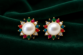 Certified natural freshwater pearls jewellery navratna style, cz accents, festive wear, stud closure, women's jewellery. 5