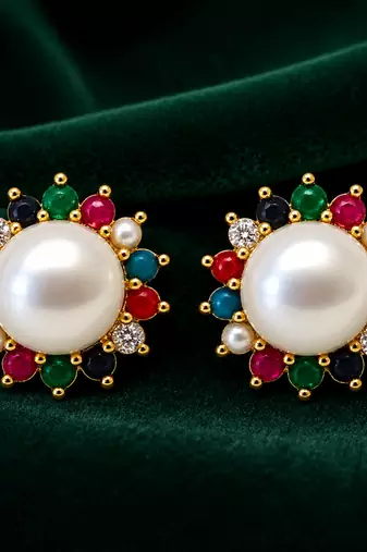 Certified natural freshwater pearls jewellery navratna style, cz accents, festive wear, stud closure, women's jewellery.
