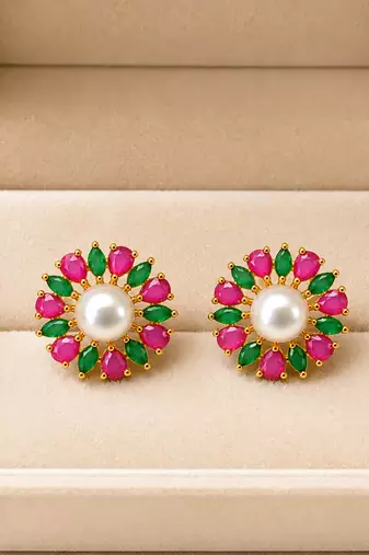 Certified natural freshwater pearls jewellery pearl centre floral stud earrings with ruby & emerald stones gold-tone.
