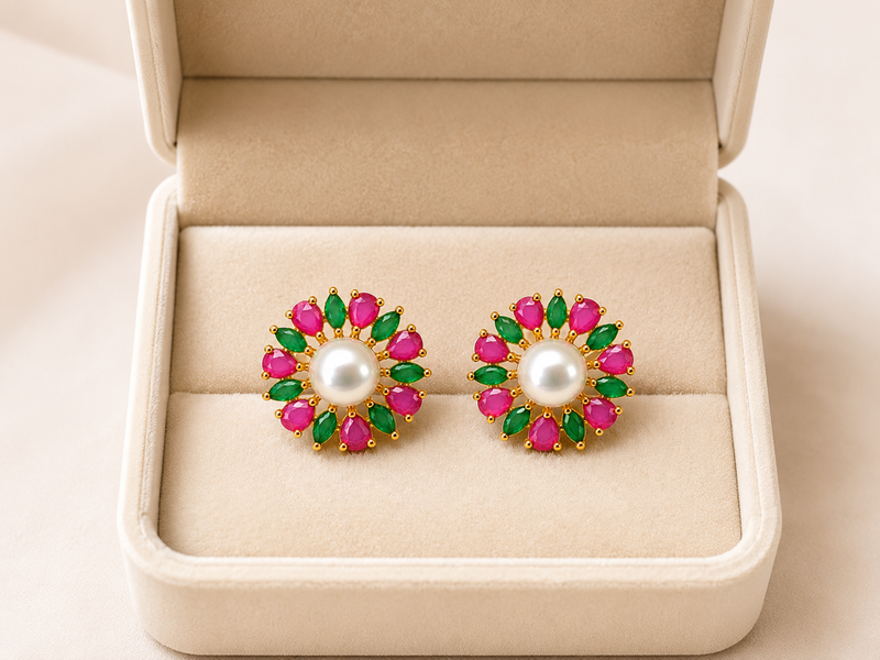 Certified natural freshwater pearls jewellery pearl centre floral stud earrings with ruby & emerald stones gold-tone.