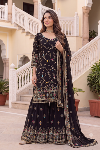 Designer black georgette sharara suit set