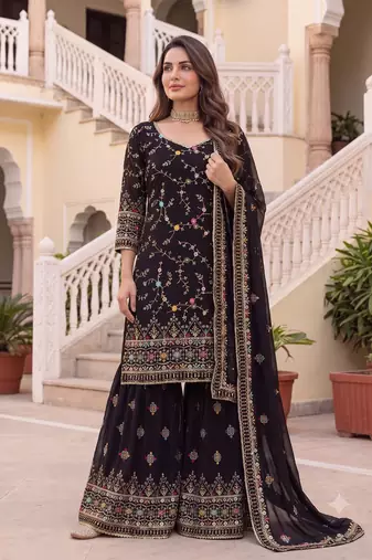 Designer black georgette sharara suit set