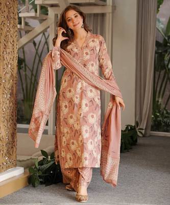 Floral printed pure cotton kurta trouser dupatta set for women 1