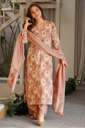 Floral printed pure cotton kurta trouser dupatta set for women