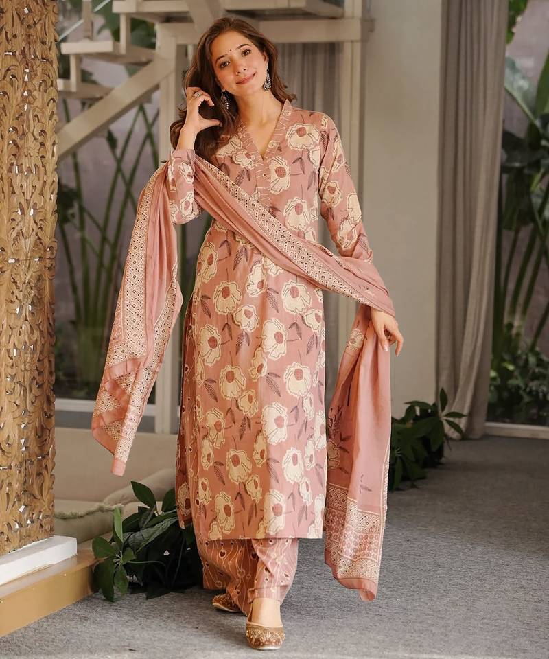 Floral printed pure cotton kurta trouser dupatta set for women