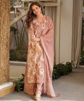 Floral printed pure cotton kurta trouser dupatta set for women 3