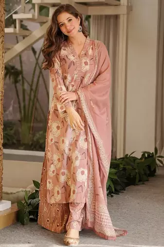 Floral printed pure cotton kurta trouser dupatta set for women